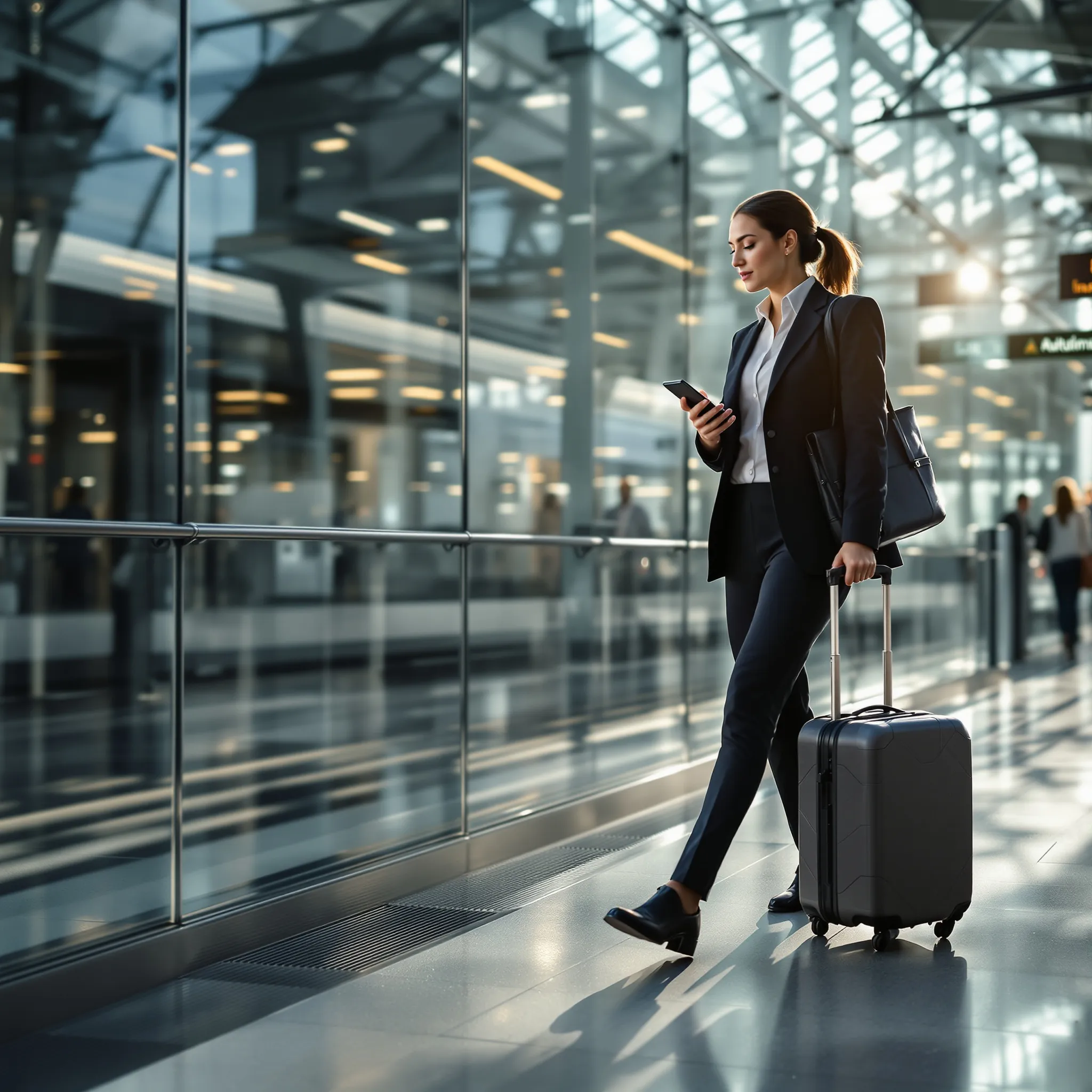 Professionnel en déplacement, valise et smartphone en gare